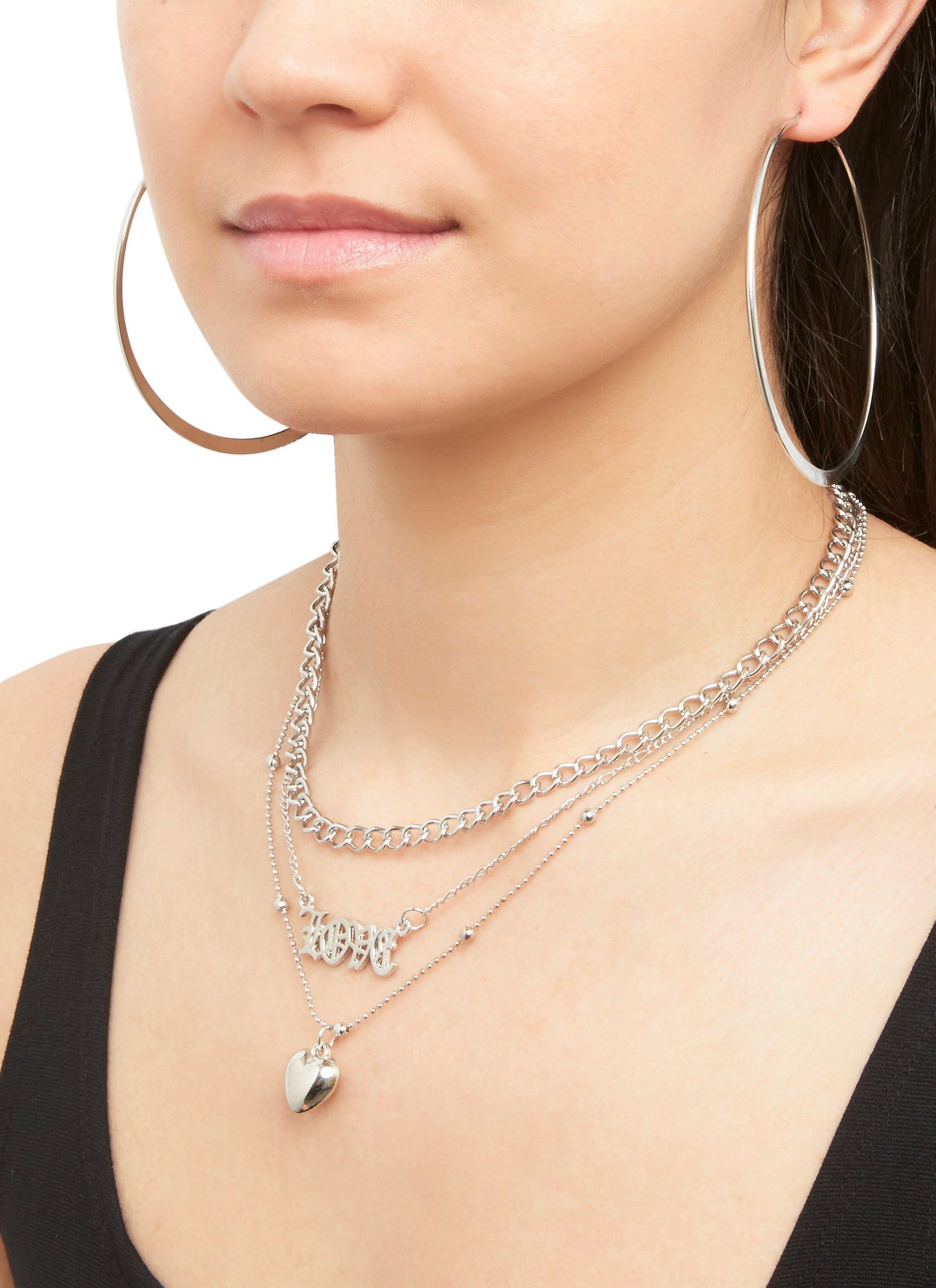 Love Metallic Layered Necklace and Hoop Earrings sold by Rainbow