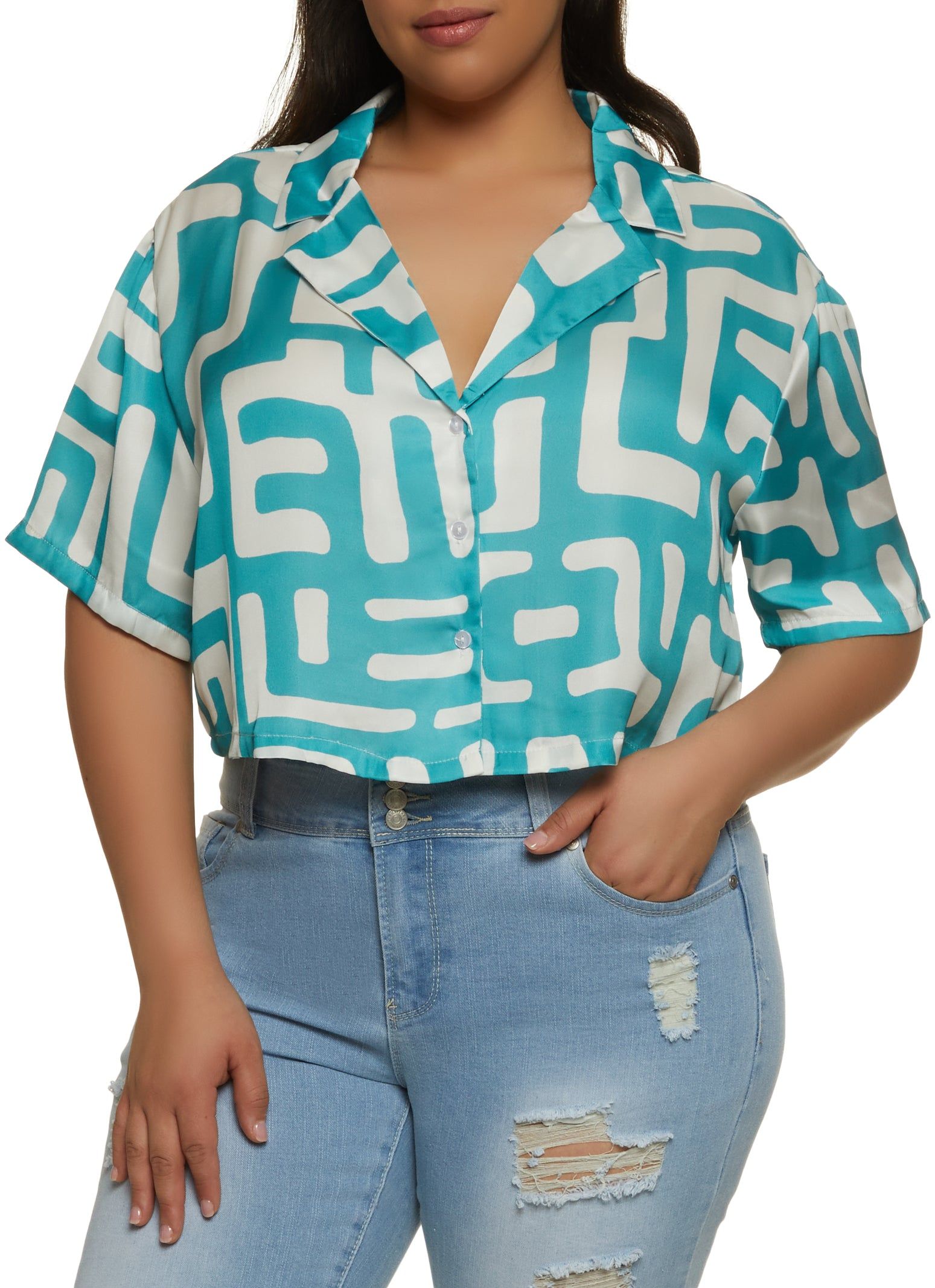 Plus Size Printed Satin Cropped Shirt sold by Rainbow