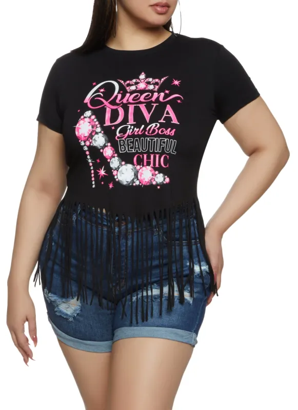 Plus Size Fringe Trim Queen Diva Graphic Tee sold by Rainbow