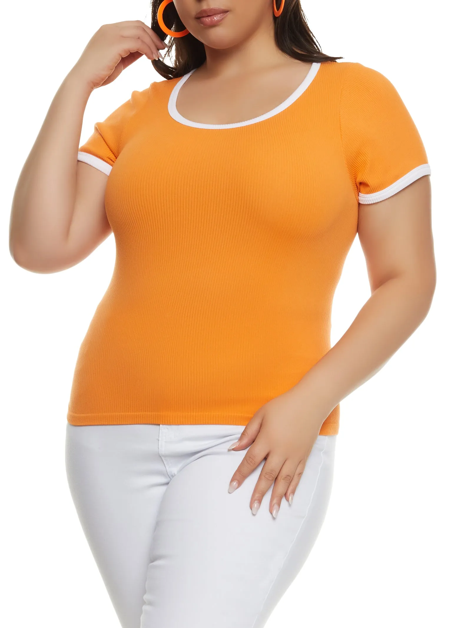 Plus Size Rib Knit Seamless Ringer Tee sold by Rainbow