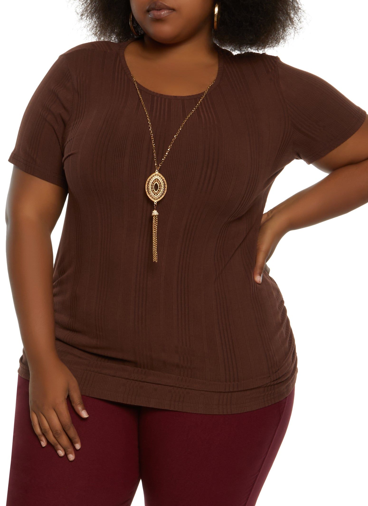 Plus Size Rib Knit Ruched Side Top with Necklace sold by Rainbow
