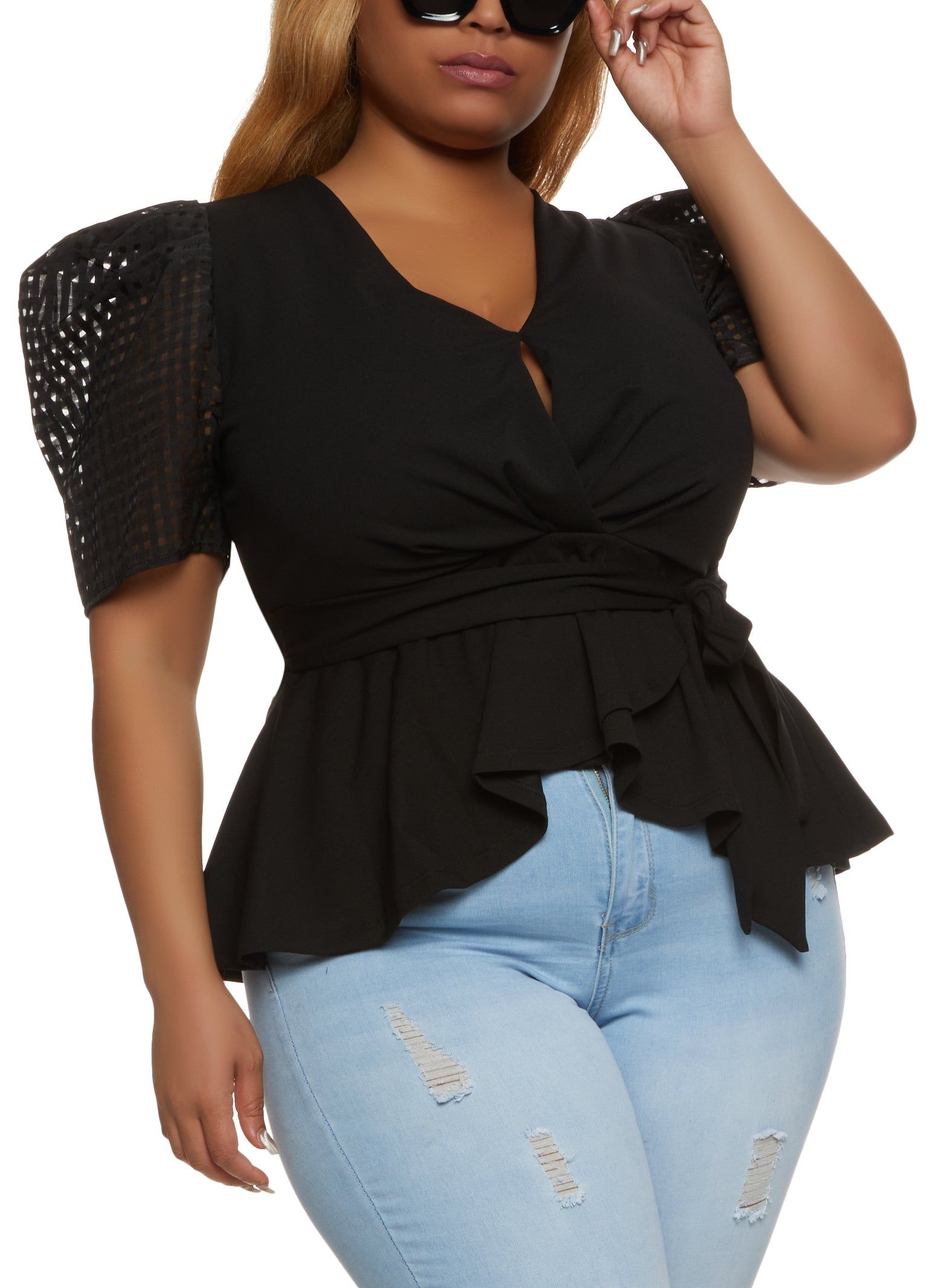 Plus Size Tie Waist Puff Sleeve Peplum Top sold by Rainbow