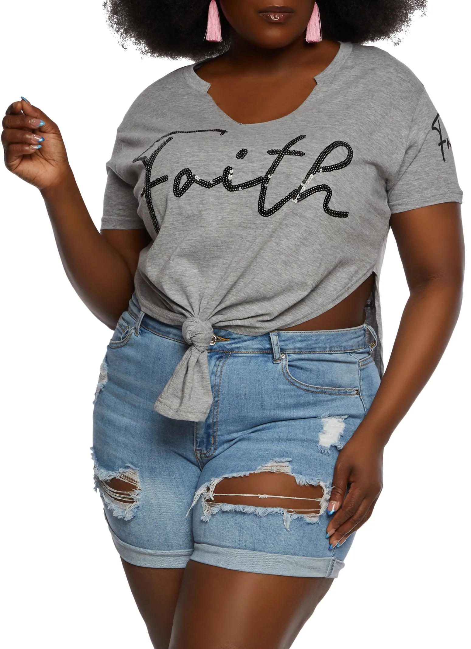 Plus Size Faith Sequin Graphic Notch Neck Tee sold by Rainbow