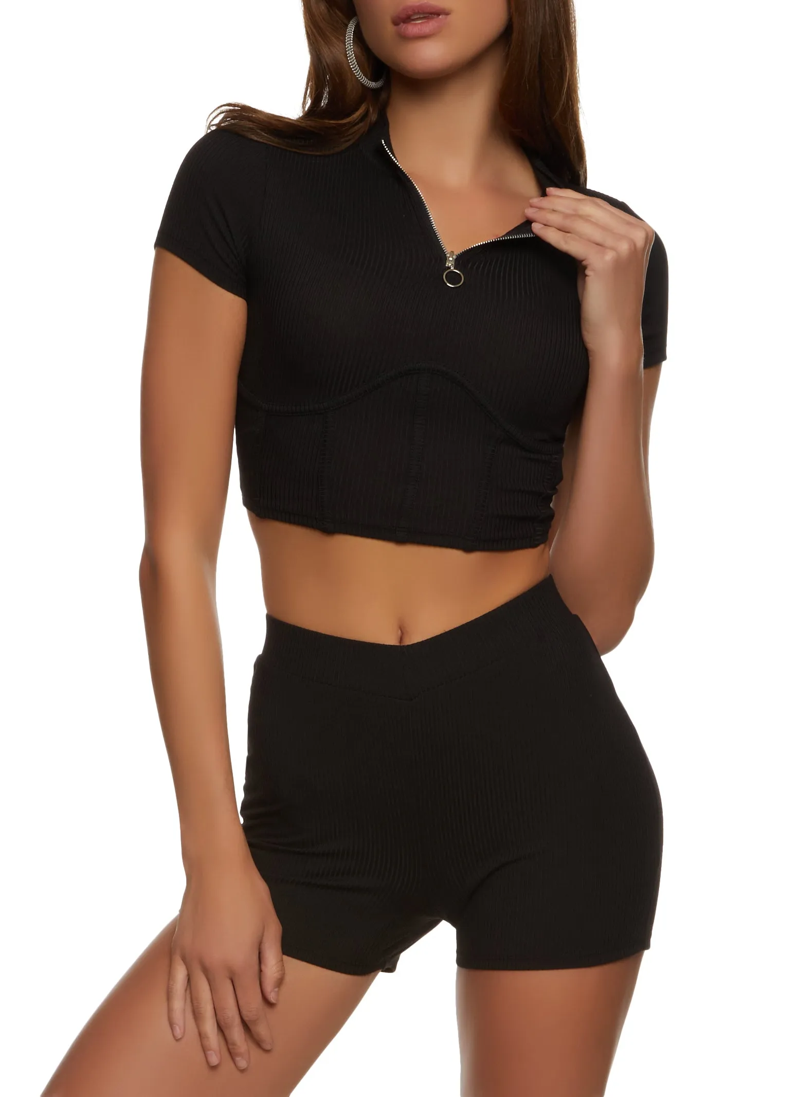 Ribbed Zip Neck Corset Detail Crop Top sold by Rainbow