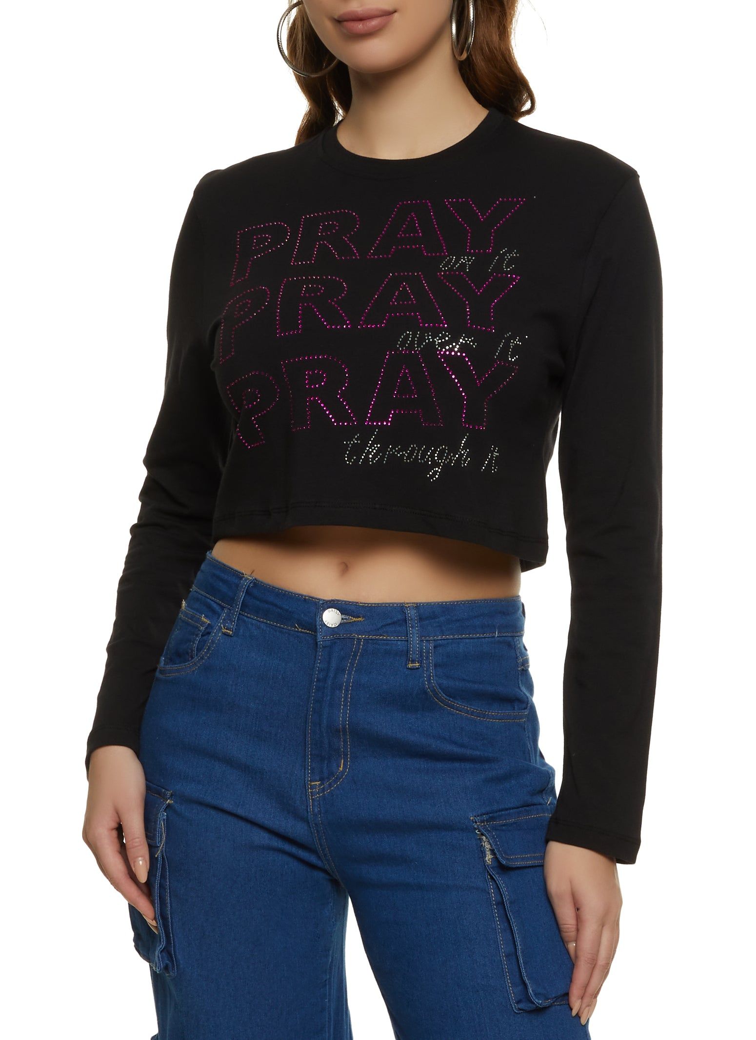 Pray Through It Rhinestone Long Sleeve Graphic Tee sold by Rainbow