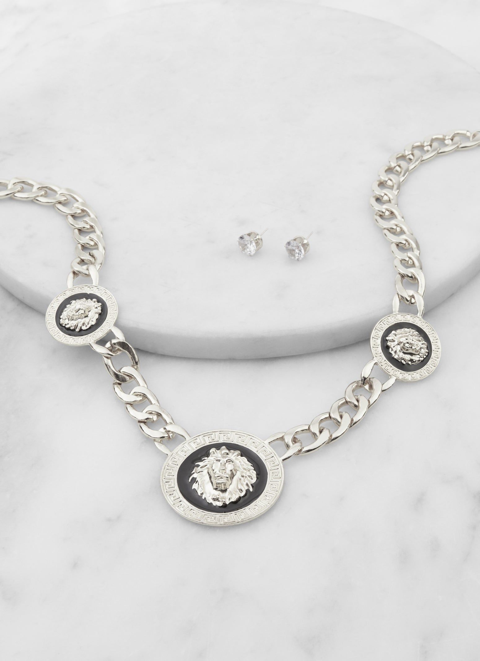 Lion Medallion Curb Chain Necklace and Cubic Zirconia Stud Earrings sold by Rainbow product image thumbnail 2