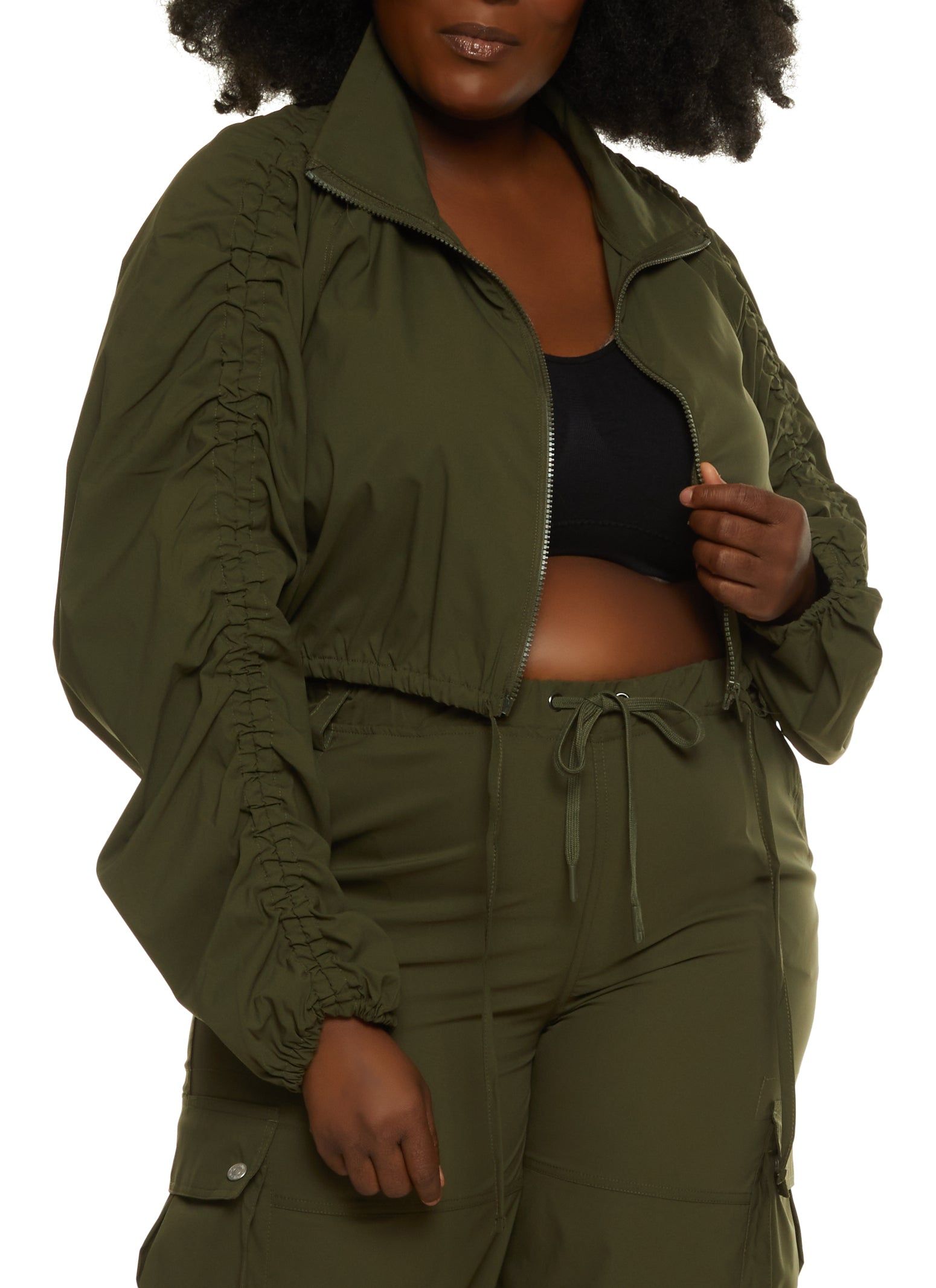 Plus Size Zip Front Ruched Sleeve Cropped Jacket sold by Rainbow