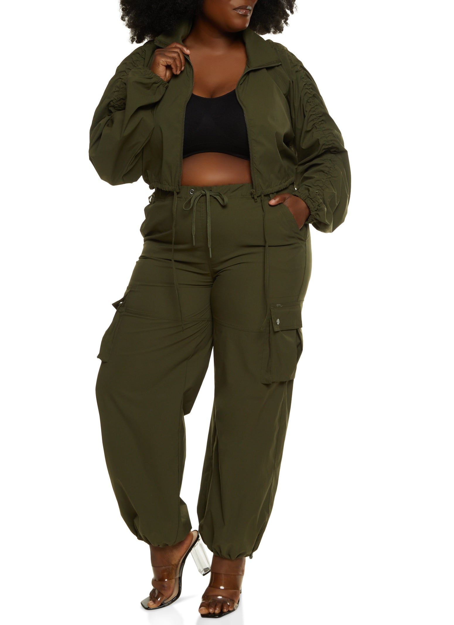 Plus Size Zip Front Ruched Sleeve Cropped Jacket sold by Rainbow product image thumbnail 2