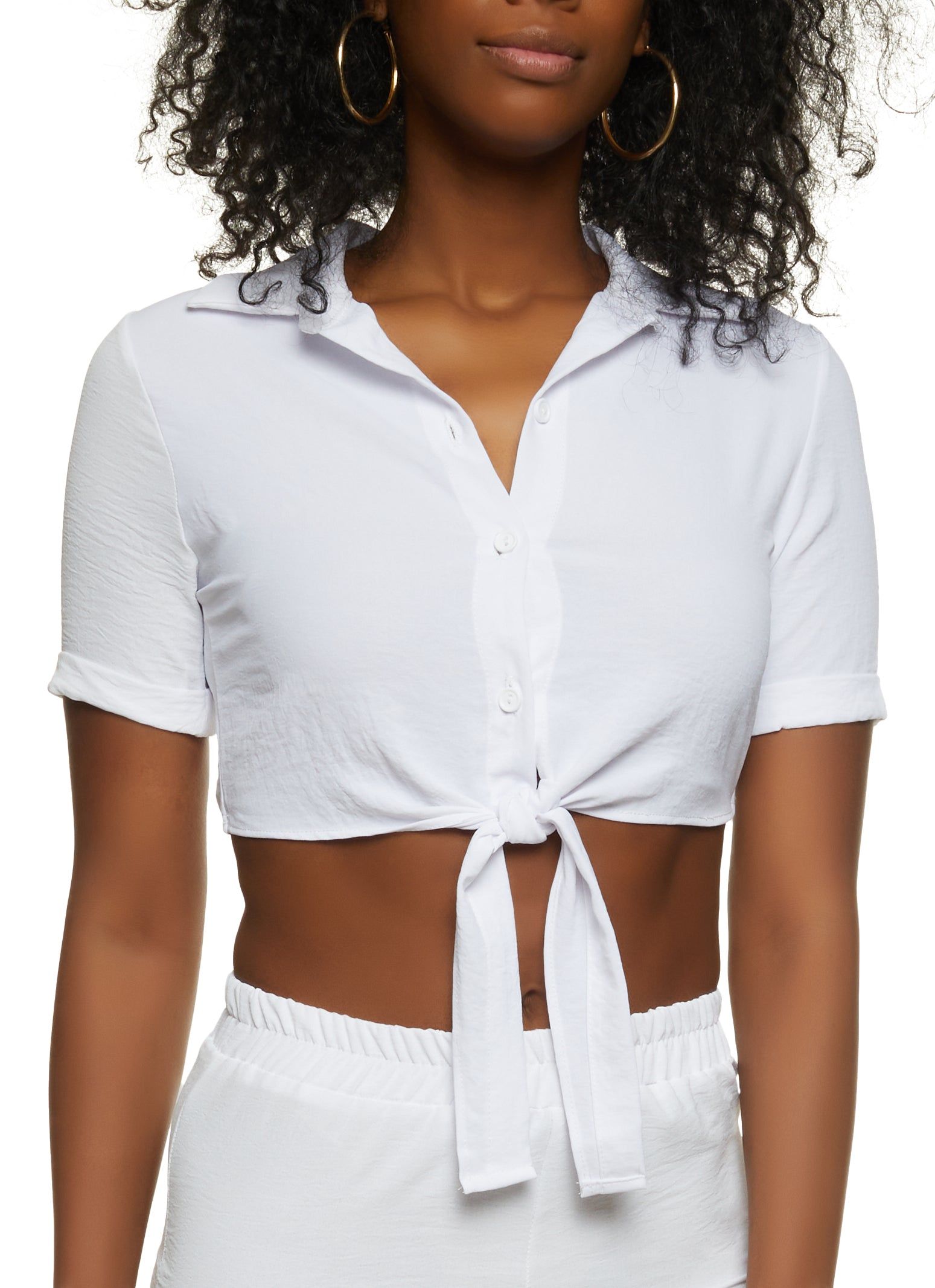 Crepe Knit Button Front Tie Hem Crop Top sold by Rainbow