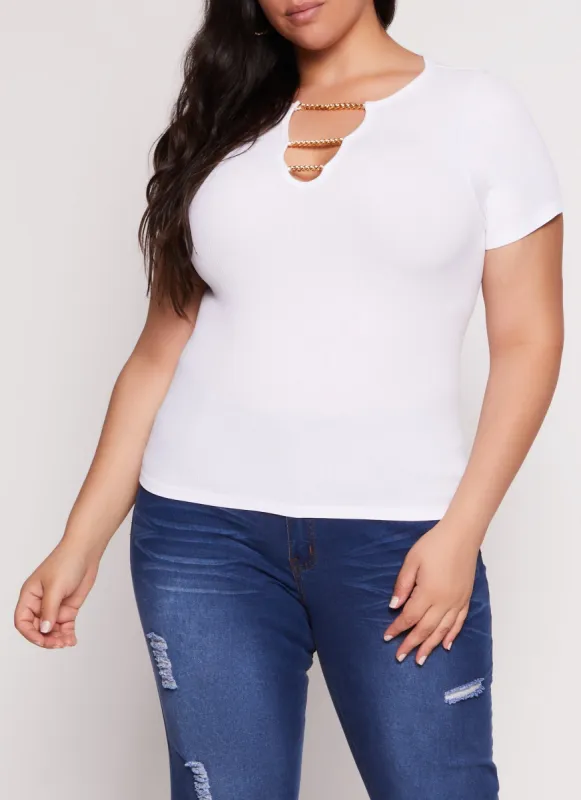 Plus Size Ribbed Knit Chain Detail Keyhole Tee sold by Rainbow