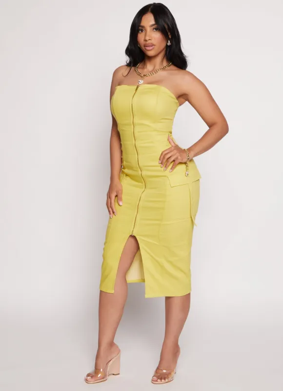 Haute Monde Strapless Zip Front Cargo Pocket Midi Dress sold by Rainbow