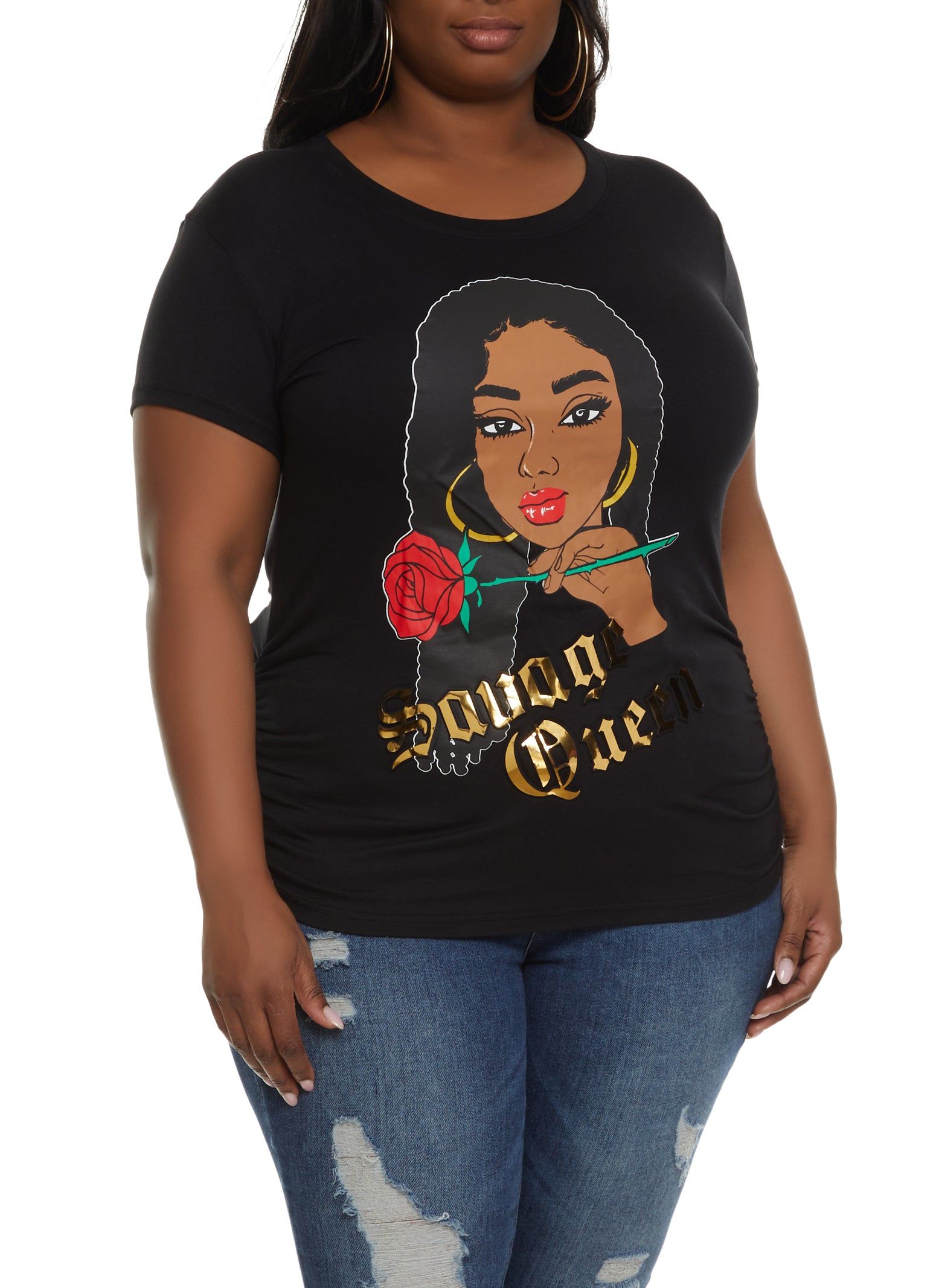 Plus Size Savage Queen Embossed Foil Graphic Tee sold by Rainbow