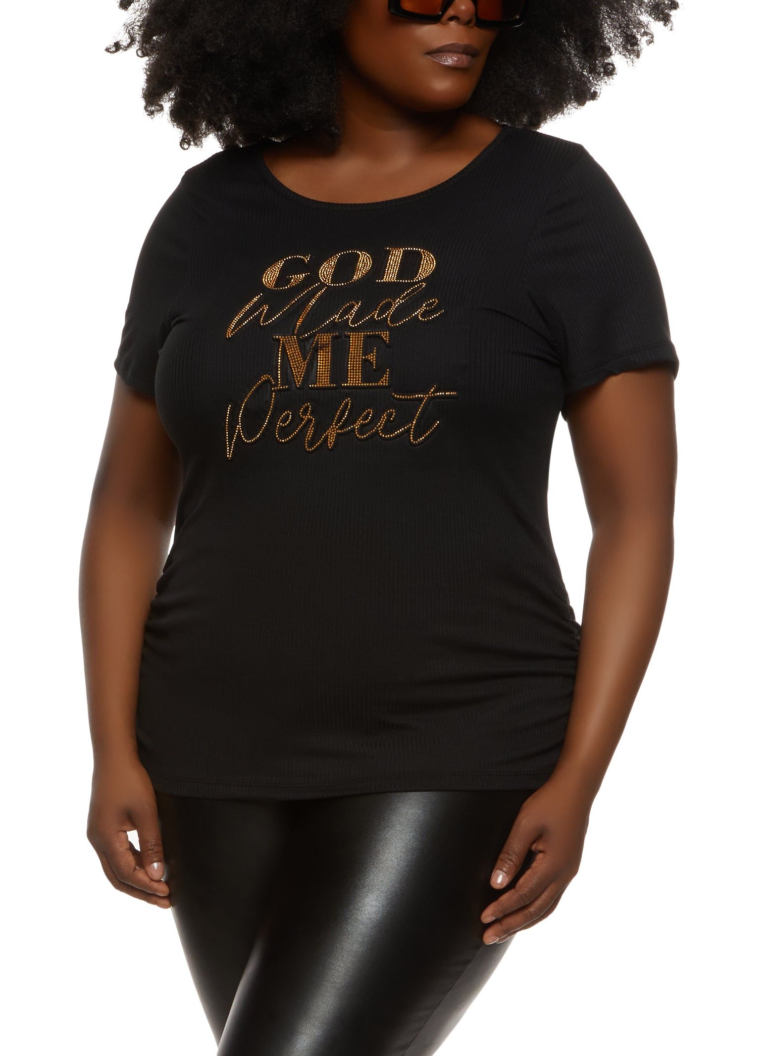 Plus Size God Made Me Rhinestone Embossed Graphic Tee sold by Rainbow