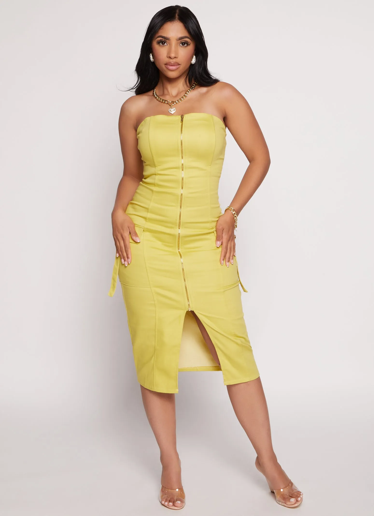 Haute Monde Strapless Zip Front Cargo Pocket Midi Dress sold by Rainbow product image thumbnail 2