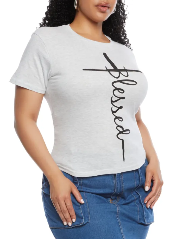 Plus Size High Low Hem Blessed Graphic Tee sold by Rainbow