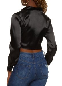 Satin Long Sleeve Tie Front Crop Top sold by Rainbow