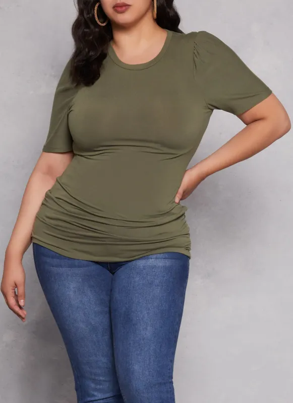 Plus Size Basic Crew Neck Ruched Side Tee sold by Rainbow