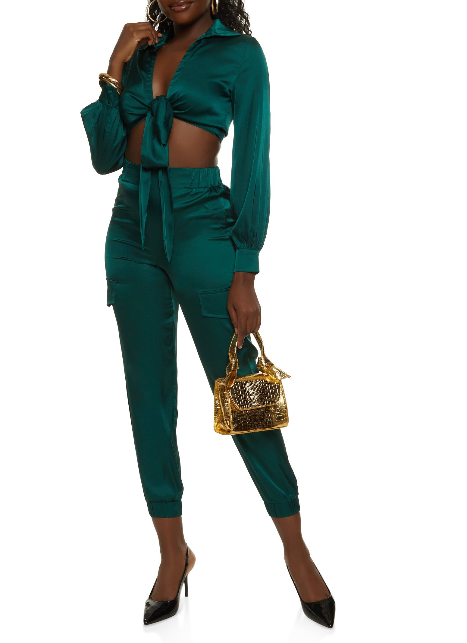 Satin Collared Tie Front Crop Top sold by Rainbow product image thumbnail 2