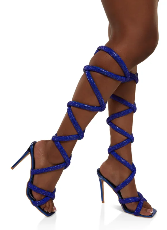 Cape Robbin Thick Rhinestone Wrap Around Strappy Heels sold by Rainbow
