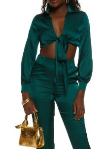 Satin Collared Tie Front Crop Top sold by Rainbow