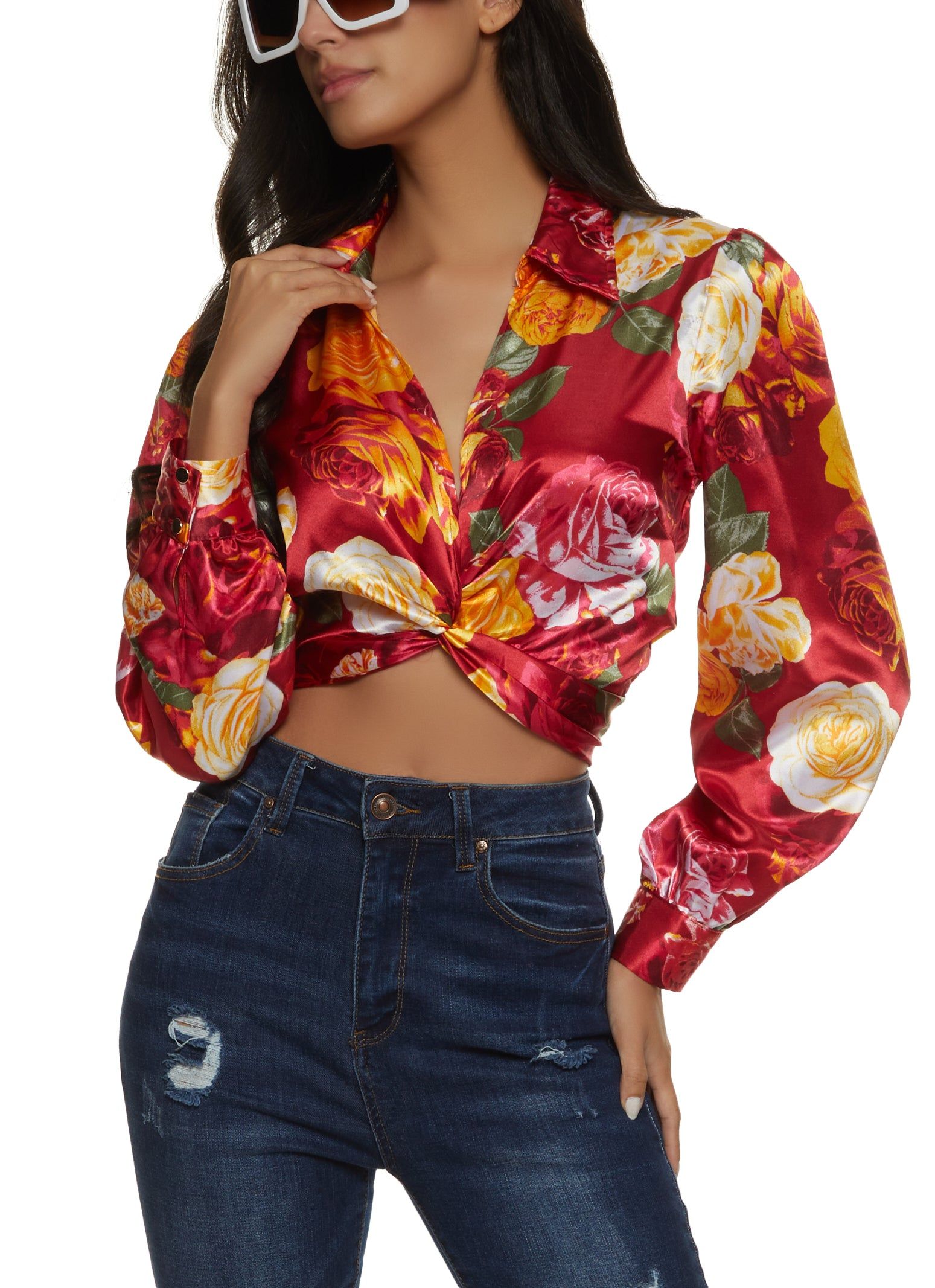 Satin Patterned Twist Front Crop Top sold by Rainbow