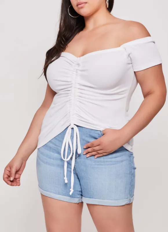 Plus Size Drawstring Ruched Off the Shoulder Top sold by Rainbow