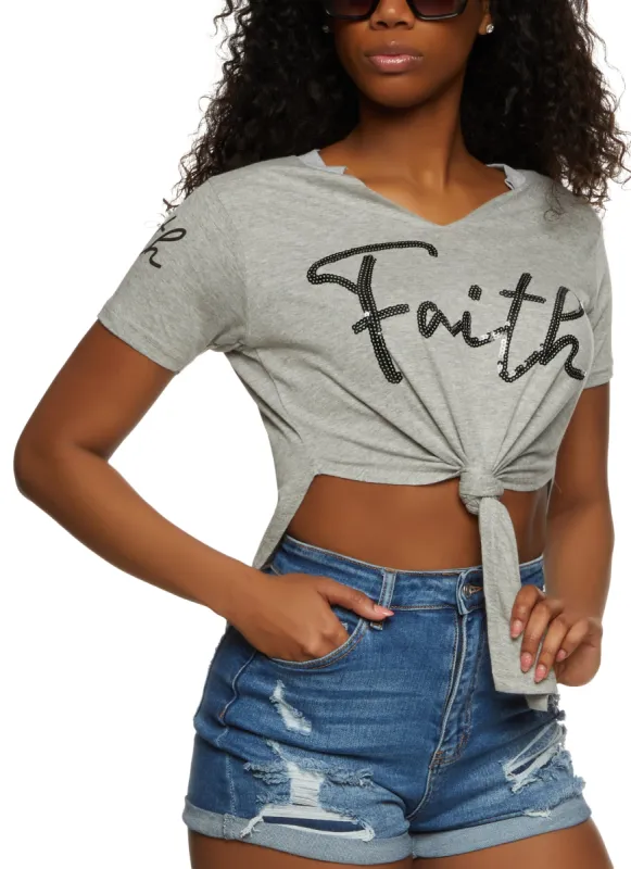 Faith Sequin Knot Front Graphic Tunic T Shirt sold by Rainbow
