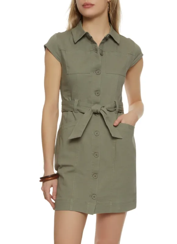 Twill Button Front Belted Shirt Dress sold by Rainbow