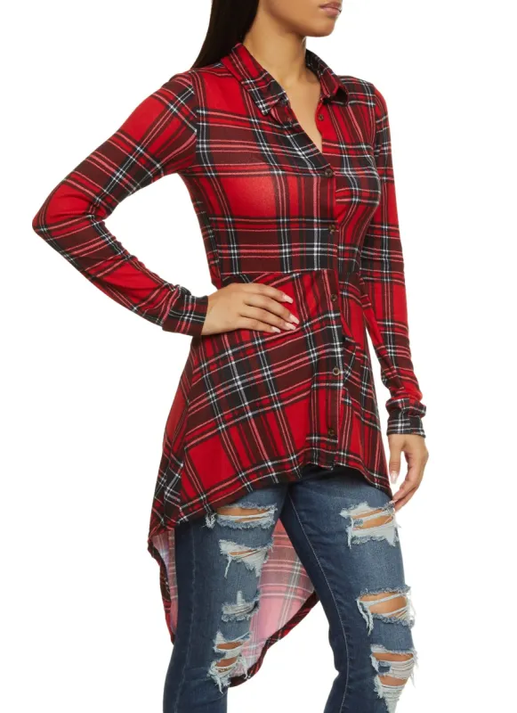 Plaid Long Sleeve High Low Top sold by Rainbow