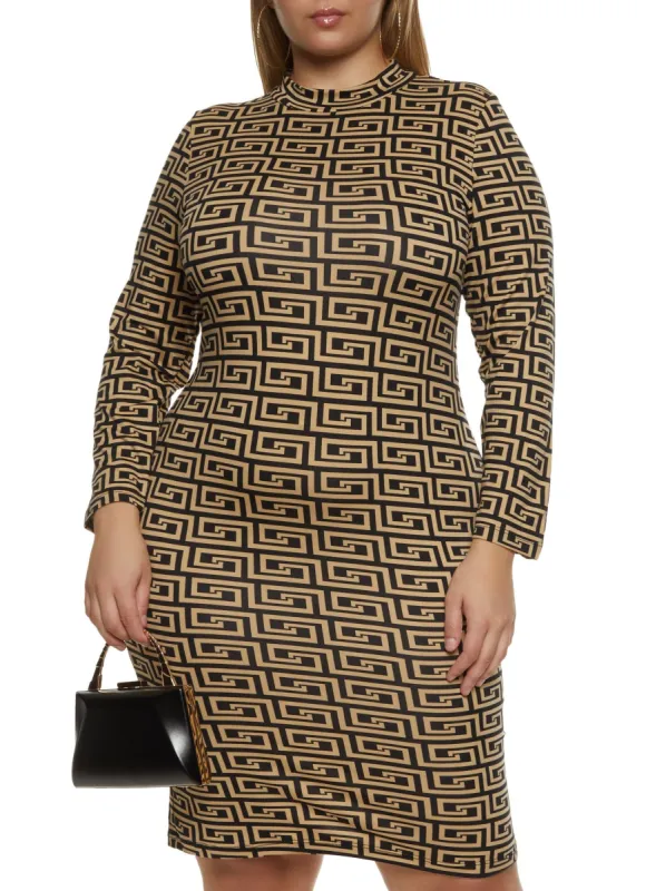 Plus Size Greek Key Mock Neck Dress sold by Rainbow
