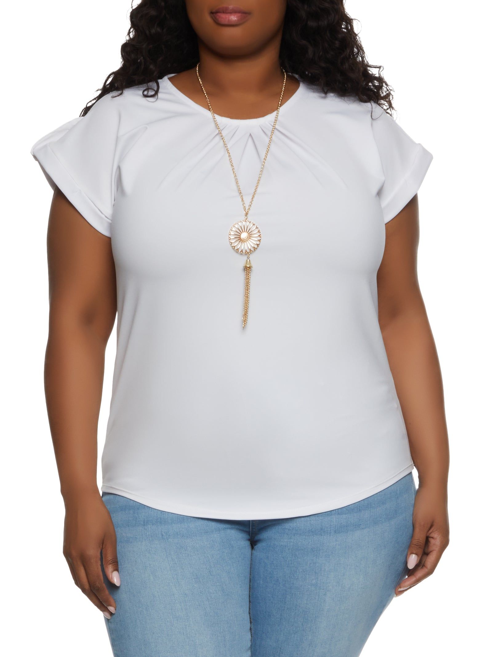 Plus Size Tabbed Short Sleeve Blouse with Necklace sold by Rainbow