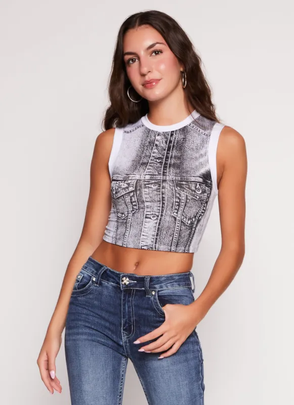 Denim Print Sleeveless Crop Top sold by Rainbow