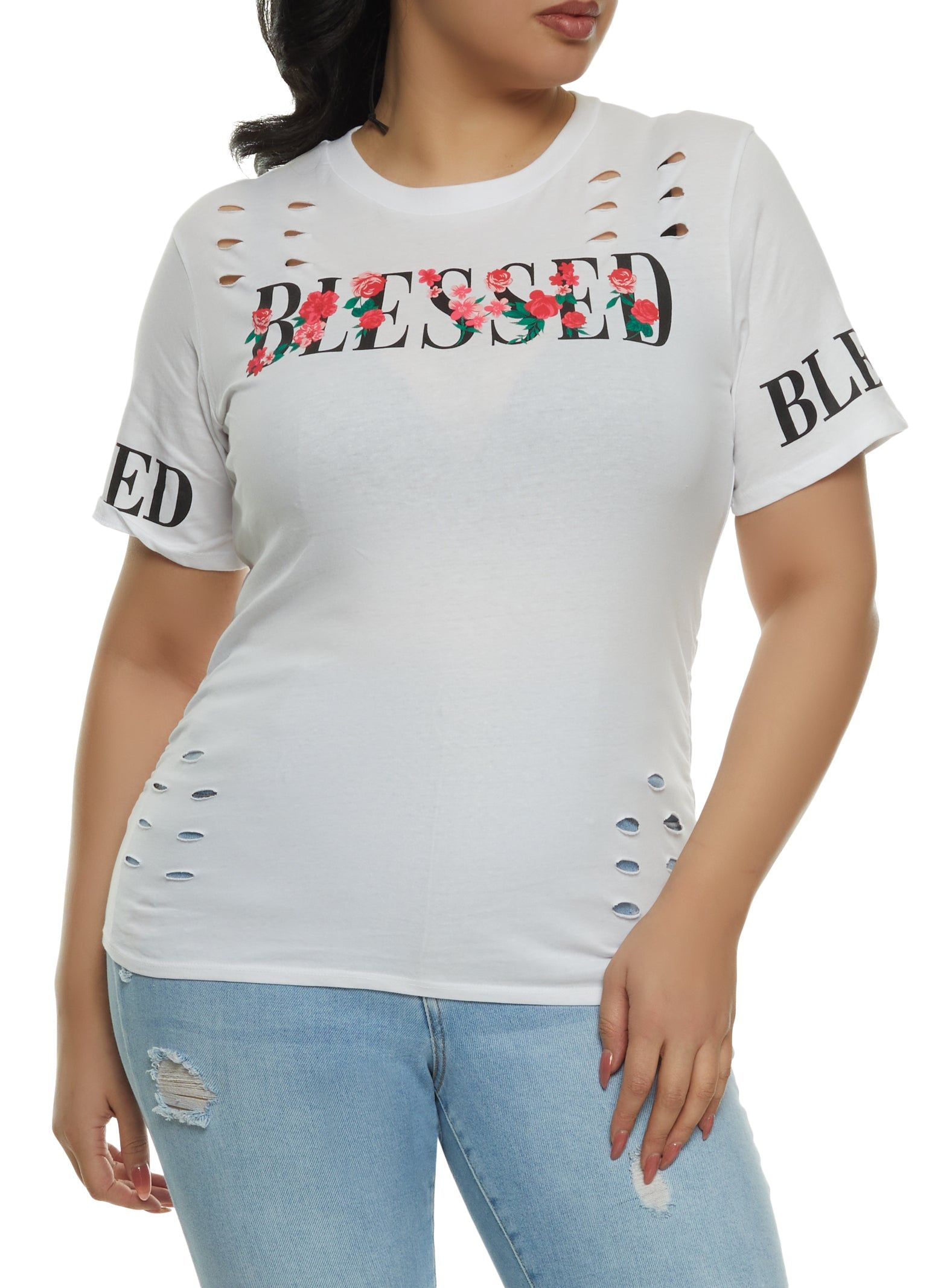 Plus Size Blessed Rose Graphic Laser Cut Tee sold by Rainbow