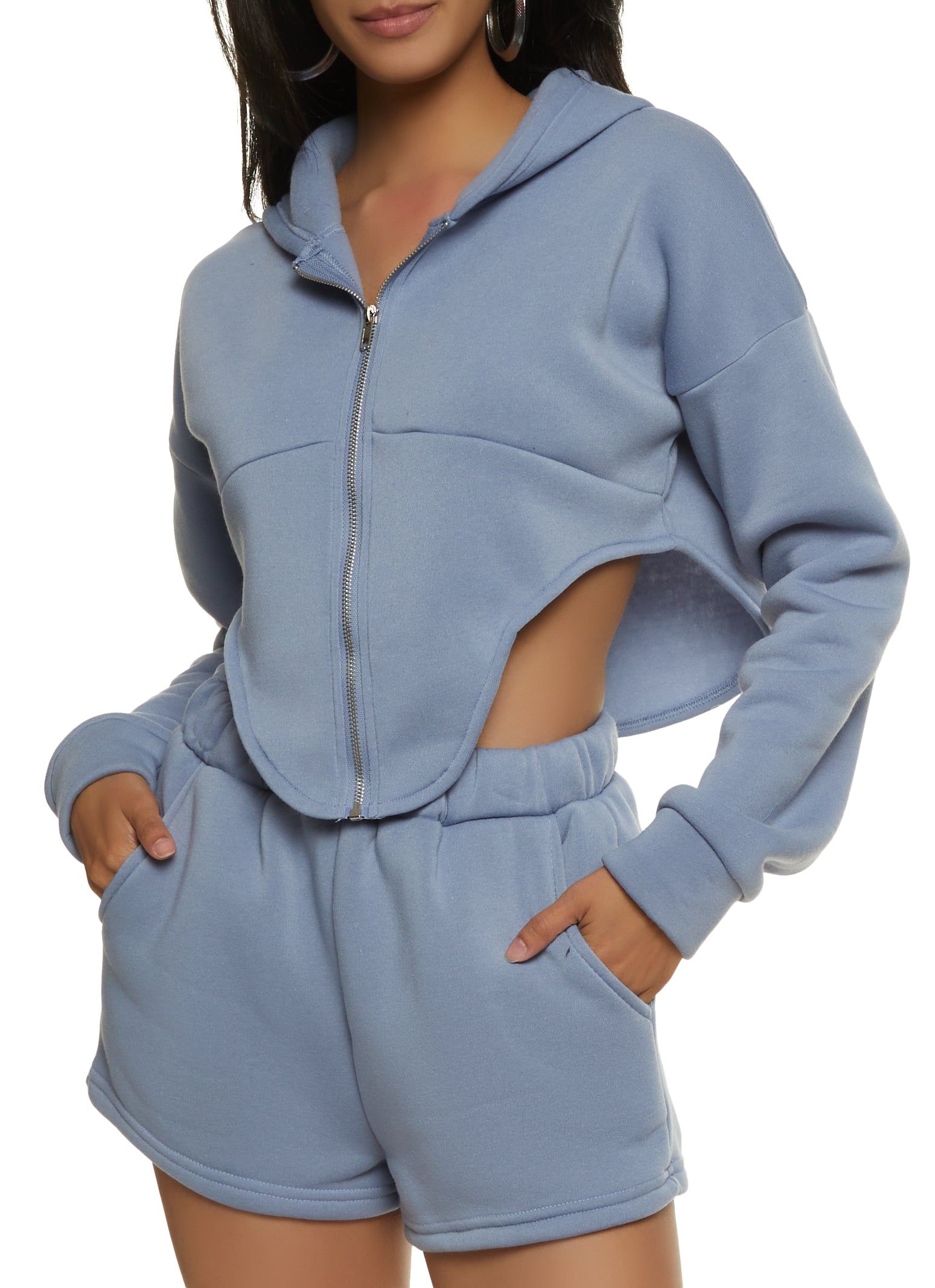 Fleece V Cut Zip Up Cropped Hoodie sold by Rainbow