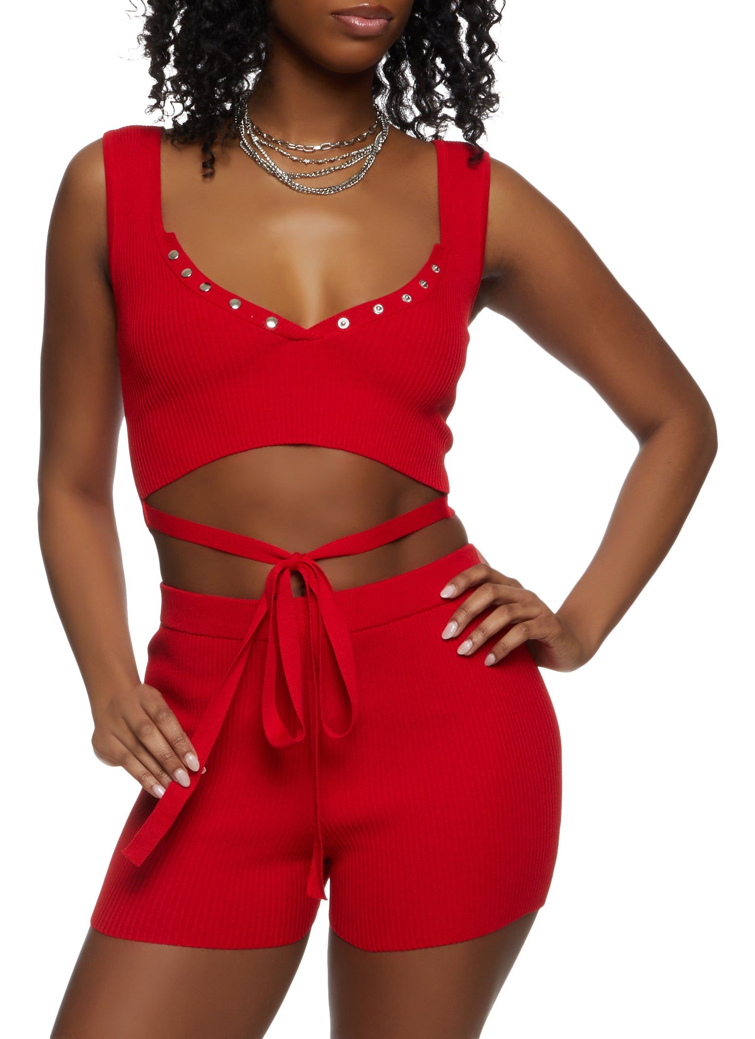 Ribbed Snap Button Detail Tie Front Tank Top sold by Rainbow