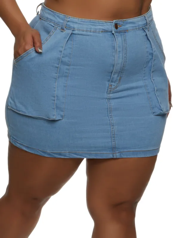Plus Size Side Pocket Denim Mini Skirt sold by Rainbow