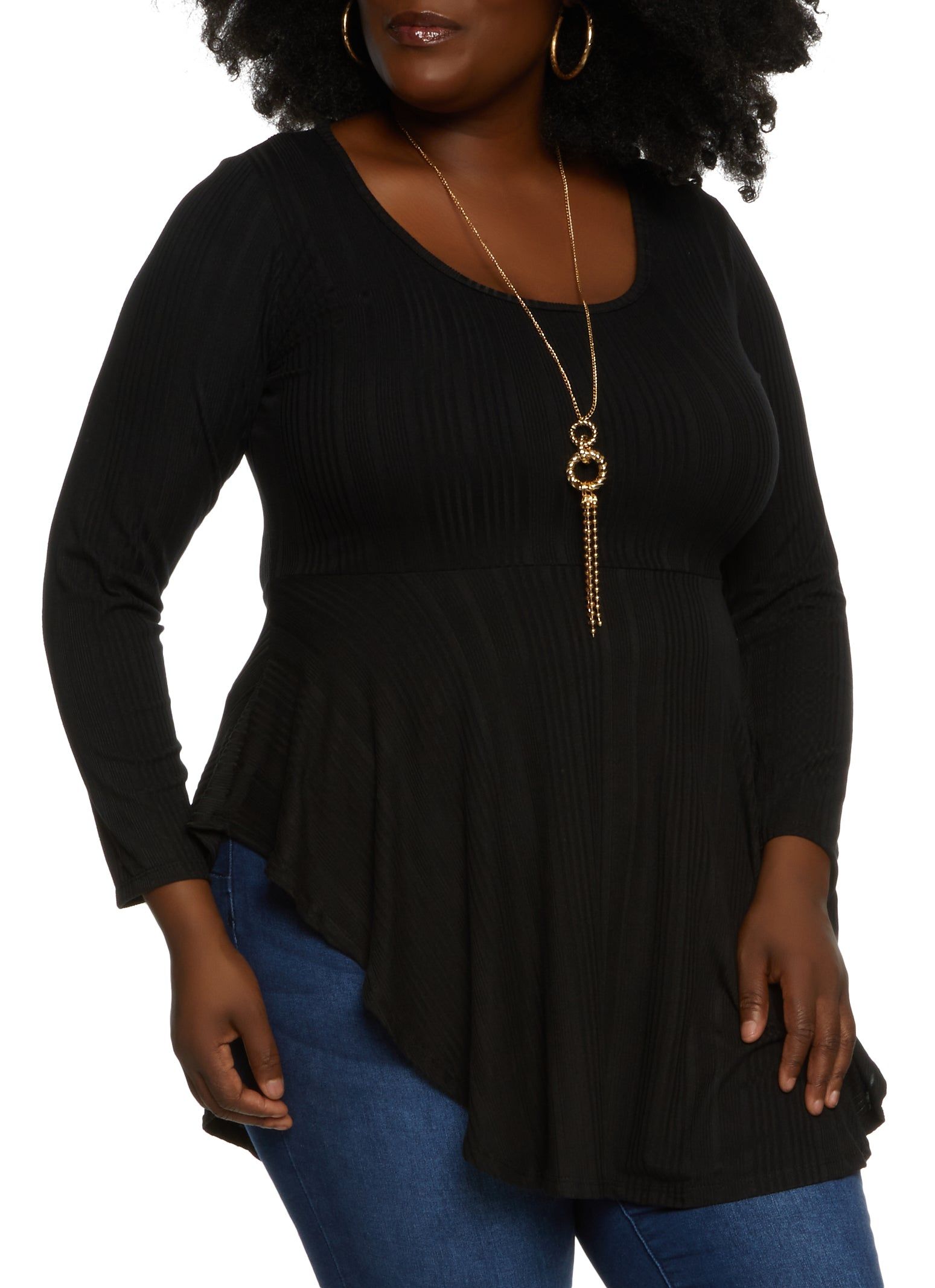 Plus Size Long Sleeve Peplum Top with Necklace sold by Rainbow