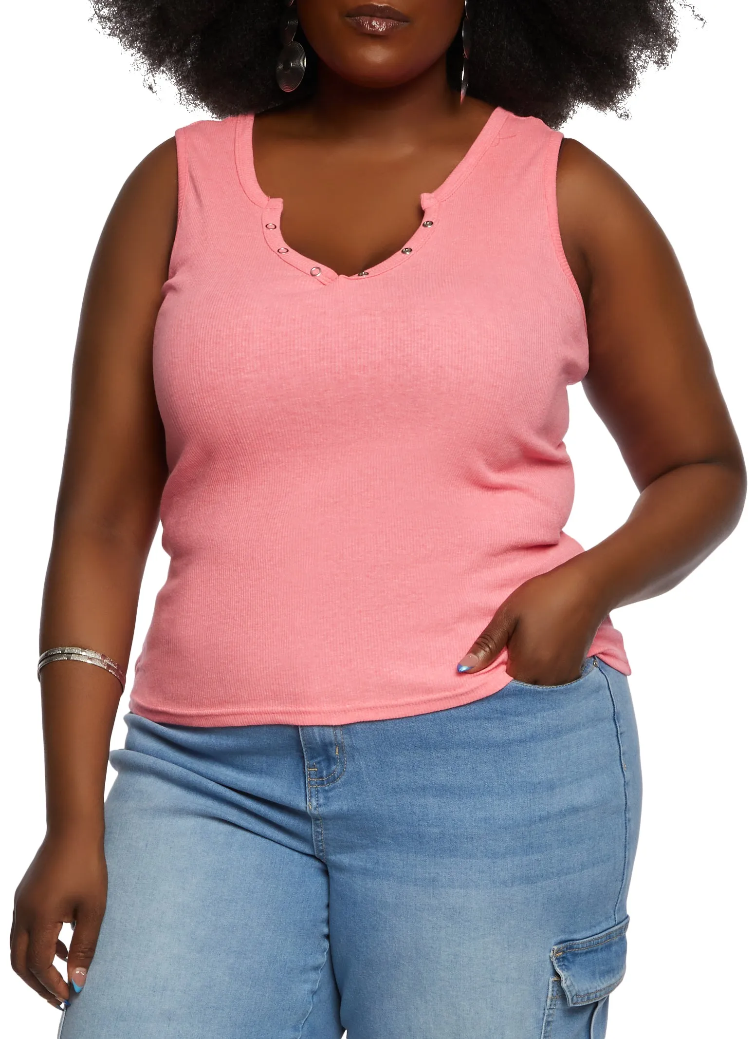 Plus Size Snap Button Notch Neck Tank Top sold by Rainbow