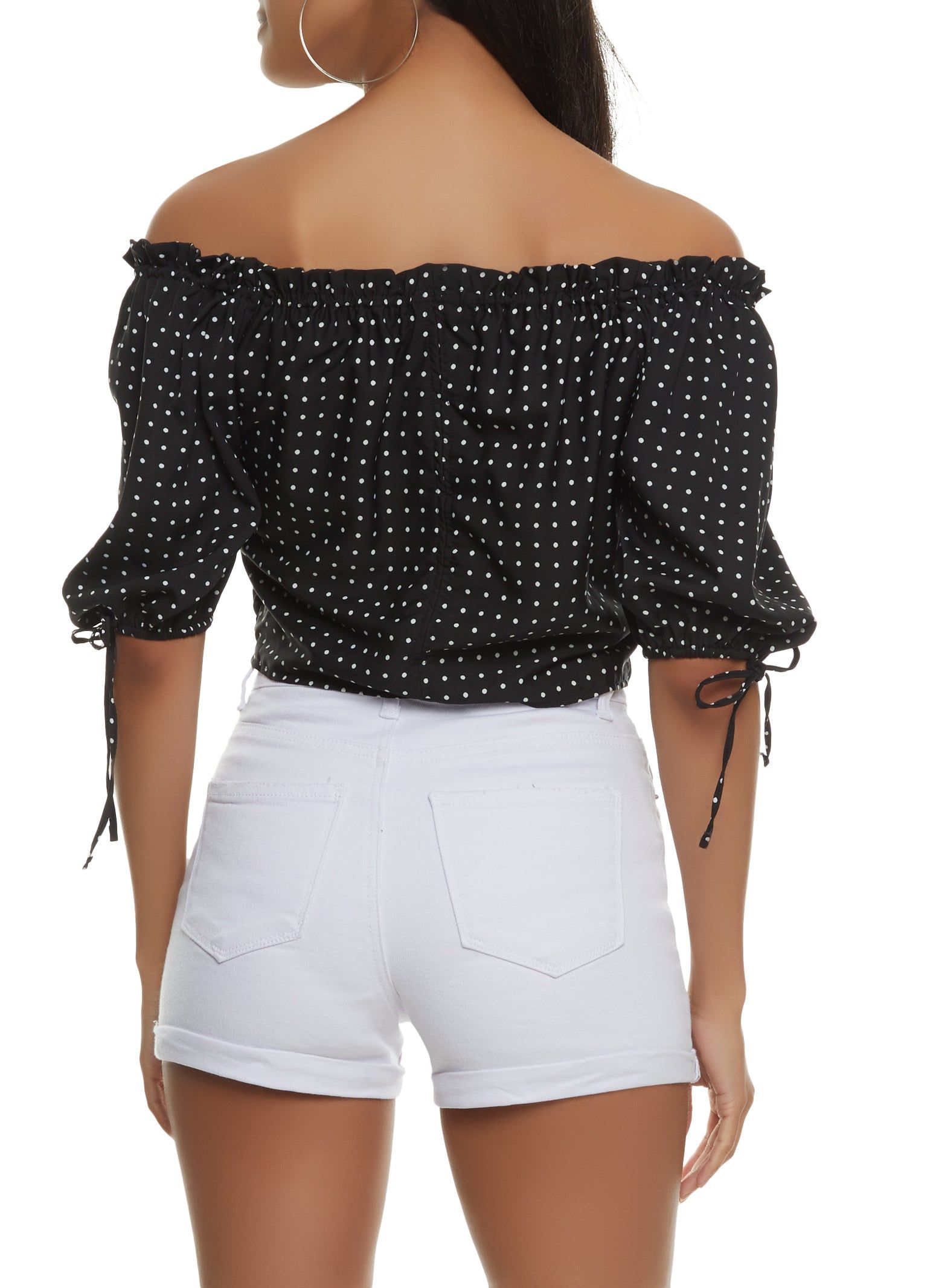 Polka Dot Ruched Zip Front Off the Shoulder Top sold by Rainbow product image thumbnail 2