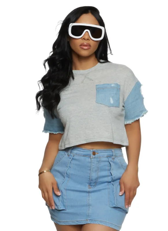 Distressed Denim Sleeve Cropped Tee sold by Rainbow