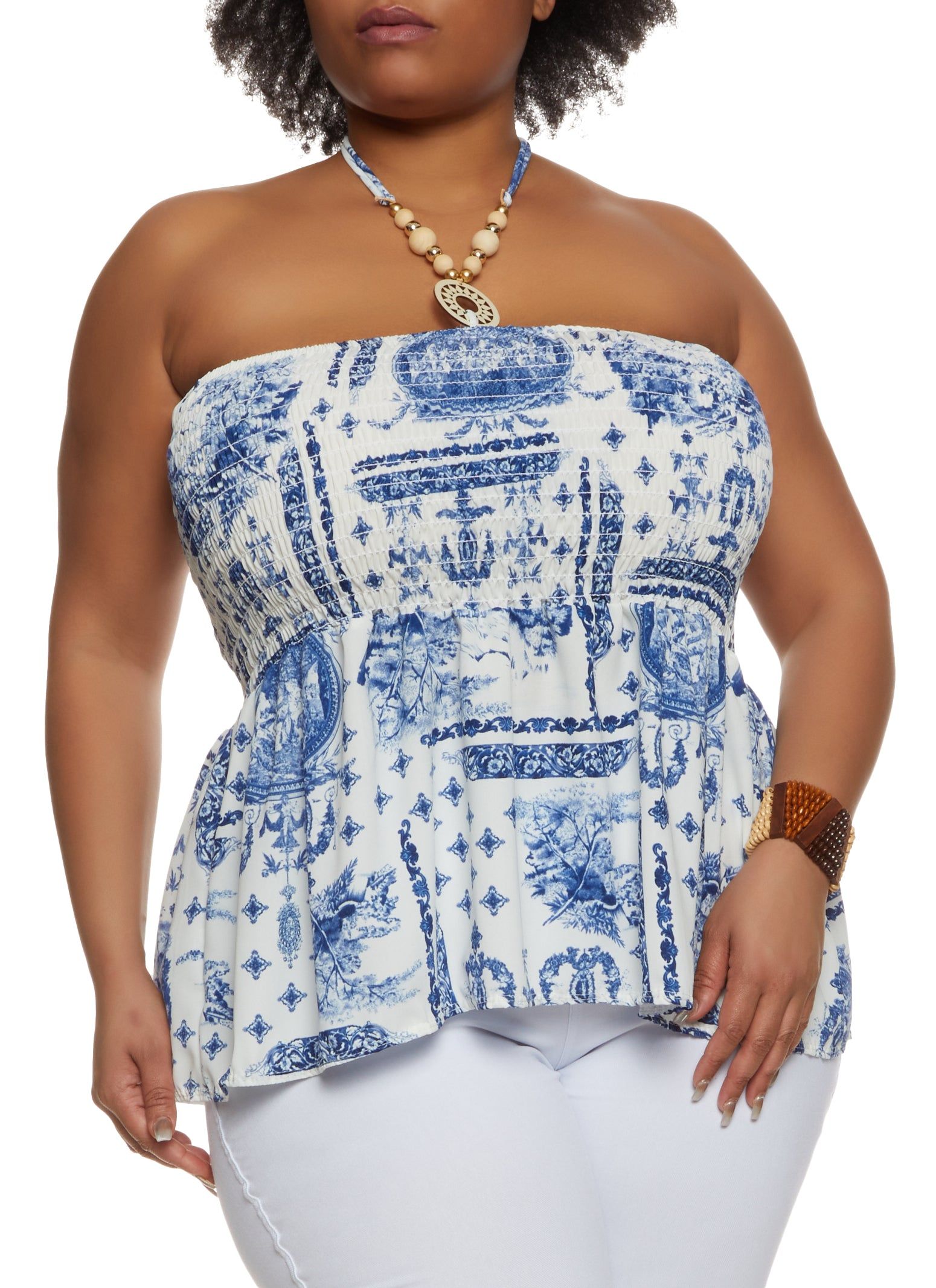 Plus Size Smocked Graphic Print Halter Top sold by Rainbow