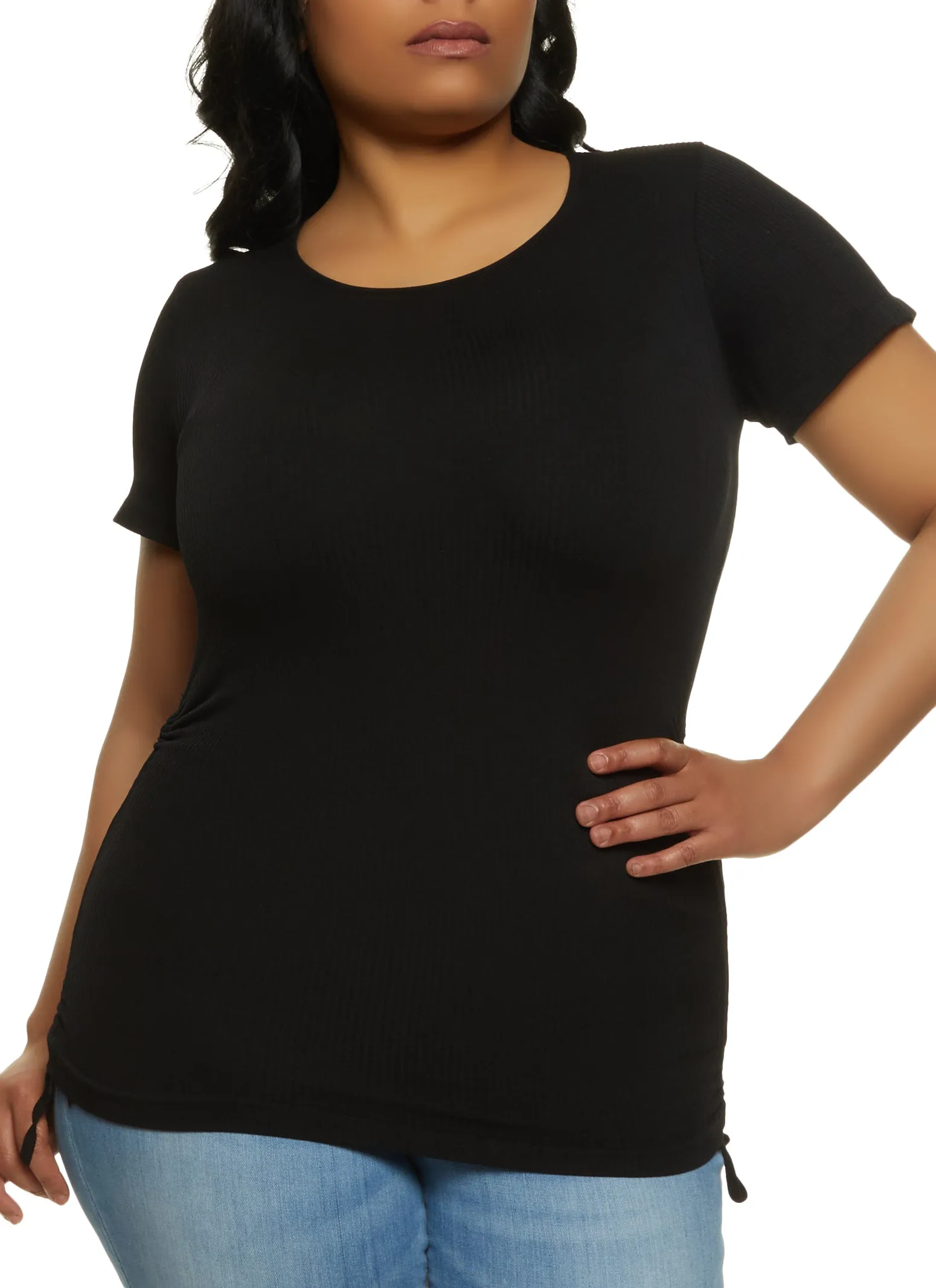 Plus Size Ribbed Knit Ruched Crew Neck Tee sold by Rainbow
