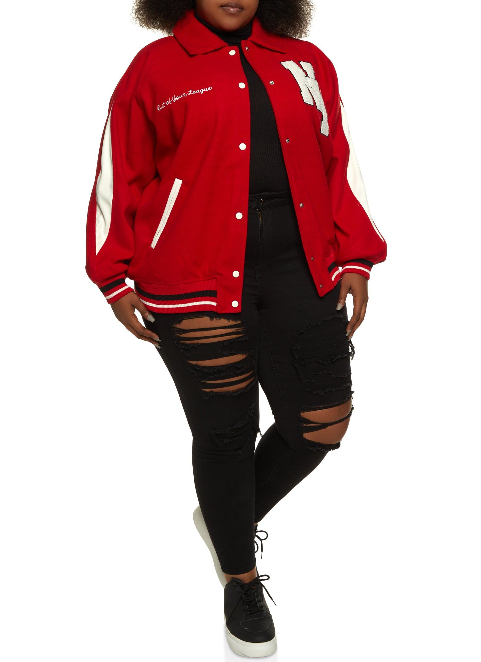 Plus Size NY Chenille Patch Collared Varsity Bomber Jacket sold by Rainbow product image thumbnail 2