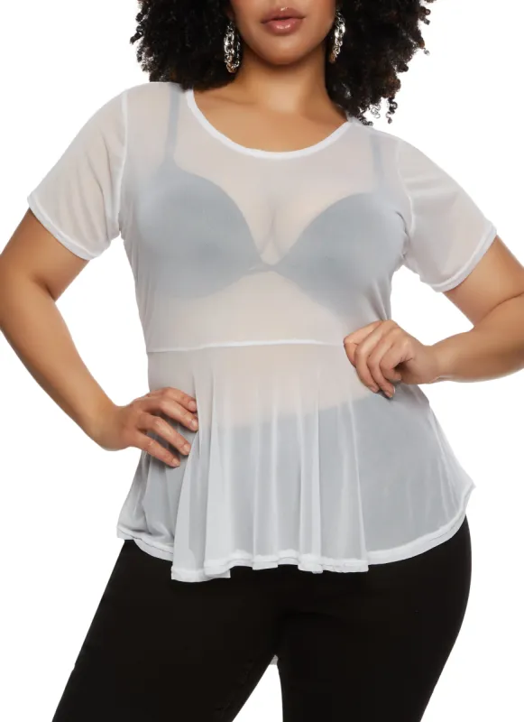 Plus Size Sheer Mesh Short Sleeve Peplum Top sold by Rainbow