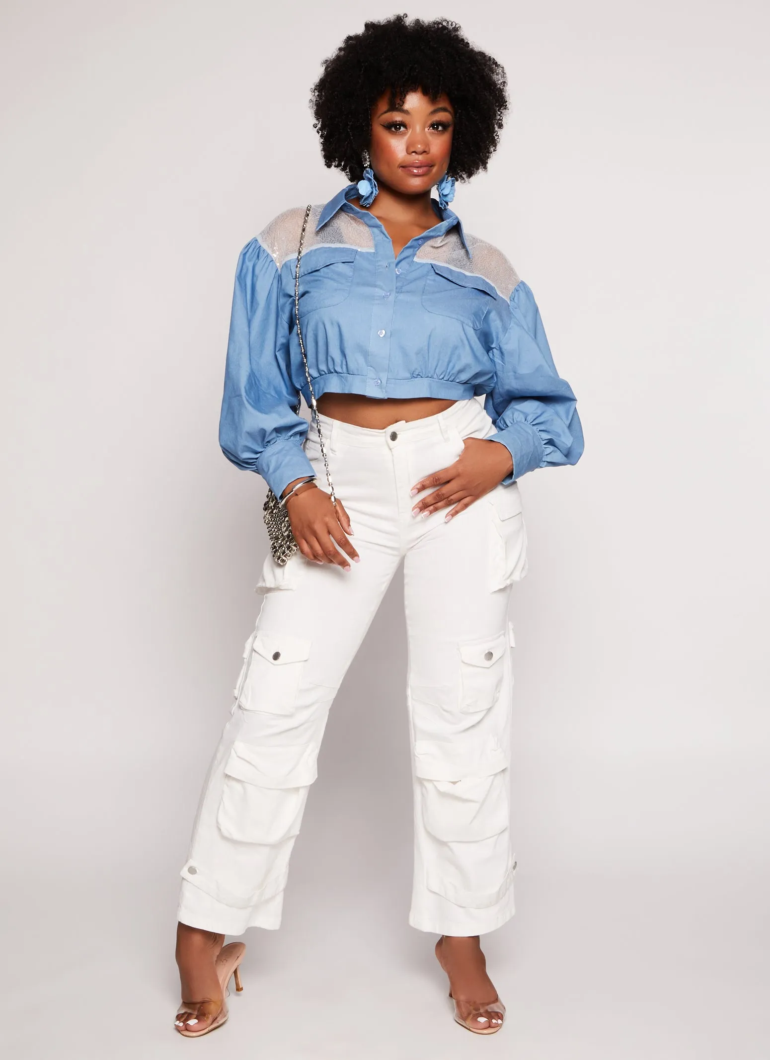 Plus Size Chambray Sequin Shoulder Cropped Shirt sold by Rainbow product image thumbnail 2