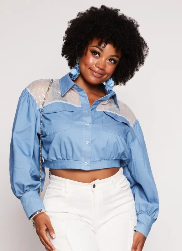Plus Size Chambray Sequin Shoulder Cropped Shirt sold by Rainbow