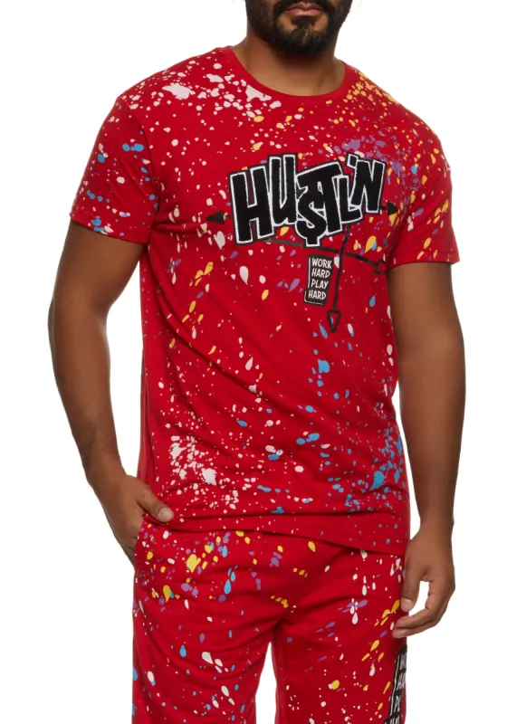 Mens Hustlin Paint Splatter Chenille Patch Graphic Tee sold by Rainbow