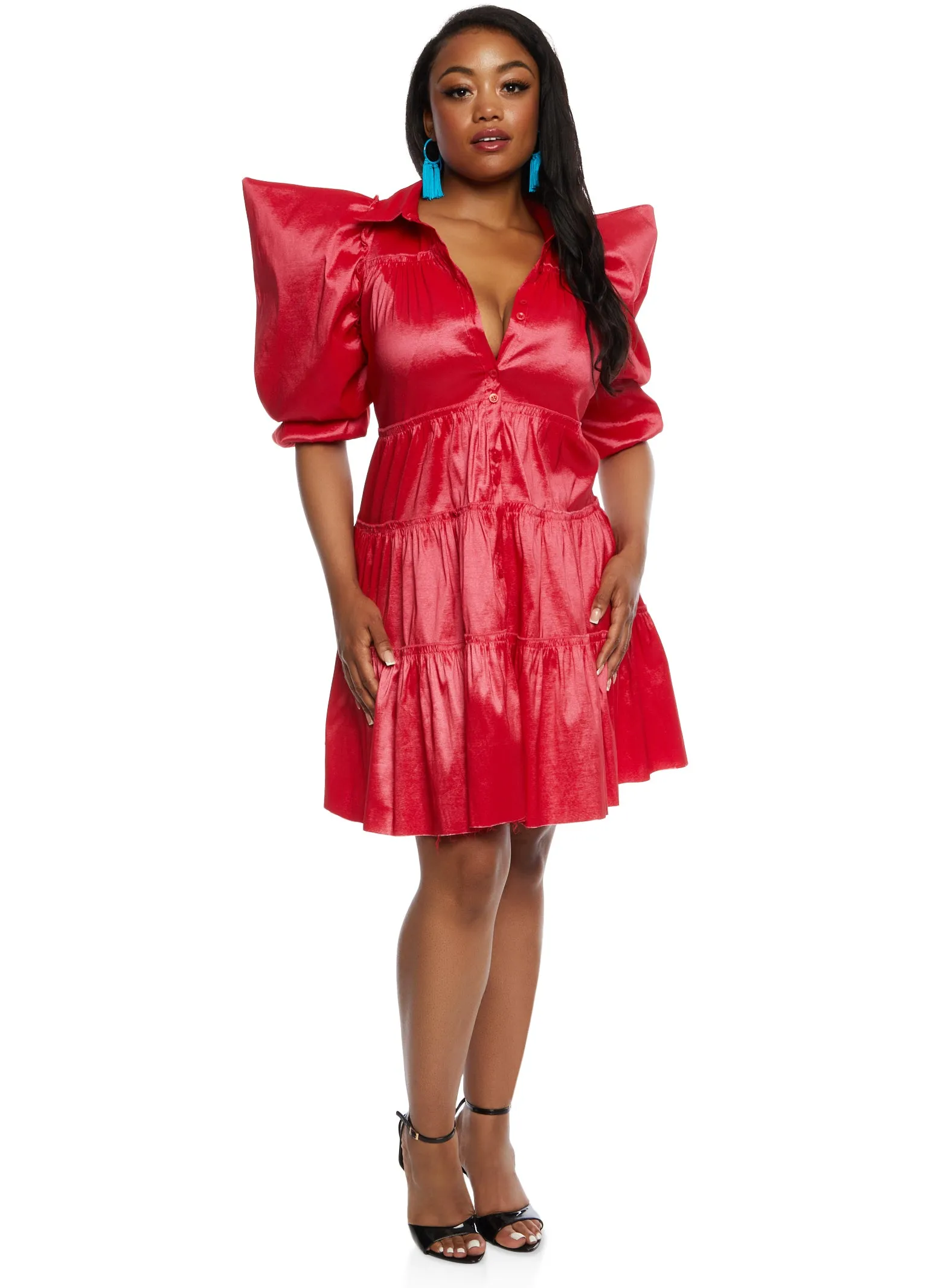 Plus Size Puff Sleeve Tiered Mini Shirt Dress sold by Rainbow product image thumbnail 2
