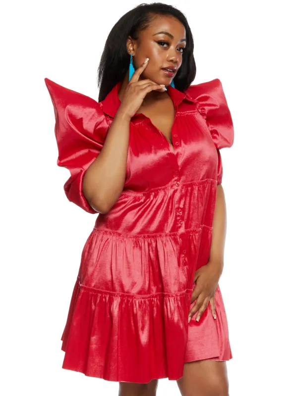 Plus Size Puff Sleeve Tiered Mini Shirt Dress sold by Rainbow