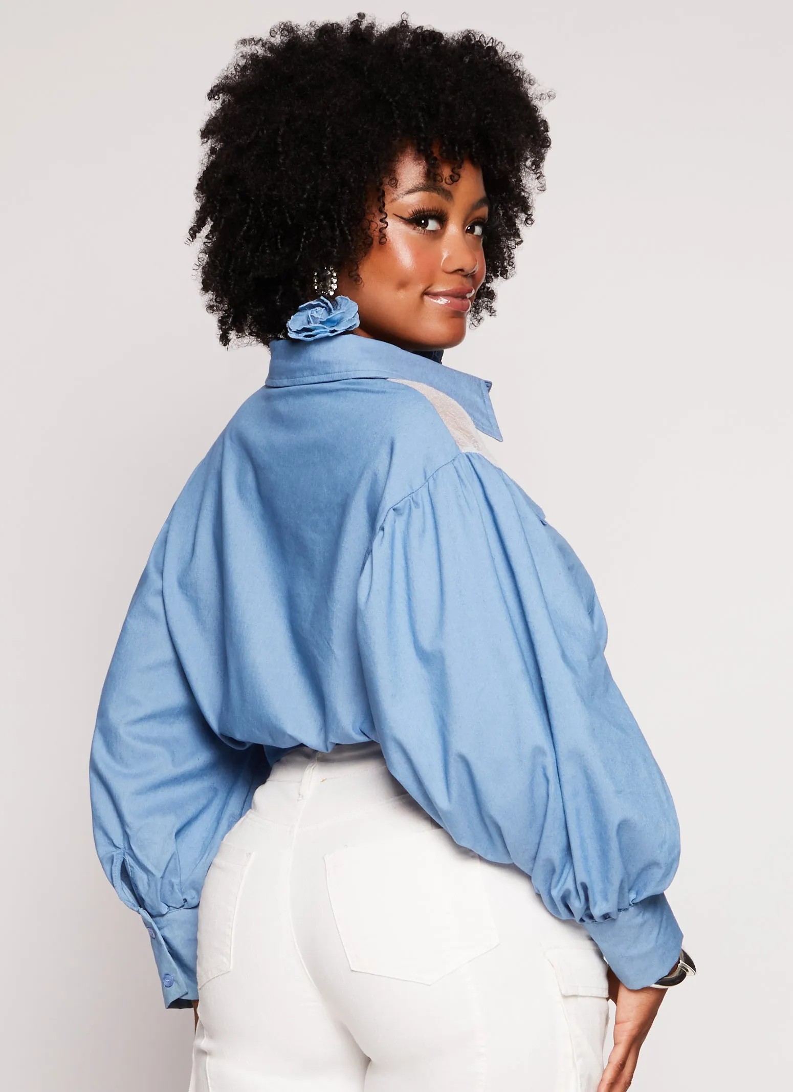 Plus Size Chambray Sequin Shoulder Cropped Shirt sold by Rainbow product image thumbnail 3